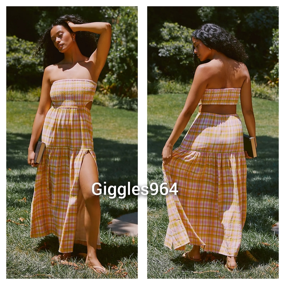 L*Space Tina Linen Blend Maxi Dress Strapless Plaid